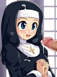  bad_id bad_pixiv_id blue_eyes blush censored cum cum_on_clothes facial habit hands_clasped happy_facial konpeto nun original own_hands_together penis smile solo_focus 