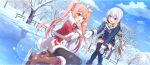  2girls bare_tree black_pantyhose black_thighhighs blue_coat blue_sky boots bow brown_boots brown_scarf buttons capelet chris_(konosuba) cloud cloudy_sky coat day double-breasted double-parted_bangs erika_(konosuba) fallen_down fur-trimmed_capelet fur-trimmed_coat fur_trim game_cg gloves grey_gloves hair_between_eyes hair_bow hand_on_own_knee hand_up highres ice ice_skates kono_subarashii_sekai_ni_shukufuku_wo! konosuba!_fantastic_days leaning_forward light_blush long_hair long_scarf looking_at_another looking_at_viewer mittens multiple_girls official_alternate_costume official_art on_ground open_mouth outdoors pantyhose pink_coat pink_eyes pink_hair purple_eyes red_bow red_capelet scar scar_on_cheek scar_on_face scarf short_hair short_shorts shorts side_ahoge sidelocks skates sky snow sparkle standing striped_clothes striped_scarf sweatdrop thighhighs tree twintails two-tone_scarf very_long_hair white_bow white_mittens white_scarf winter winter_clothes winter_coat zettai_ryouiki 