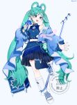  1girl absurdres anastry_00 aqua_hair aqua_nails asymmetrical_legwear beads belt belt_buckle black_belt blue_belt blue_eyes blue_flower blue_jacket blue_shirt blue_skirt blue_thighhighs braid braided_hair_rings buckle eyelashes flower full_body hair_beads hair_ornament hair_rings happy hatsune_miku high_belt highres holding holding_microphone jacket kneehighs knees leg_belt leg_up long_hair long_sleeves magical_mirai_(vocaloid) magical_mirai_miku magical_mirai_miku_(2025) microphone microphone_stand midriff miniskirt mismatched_legwear multiple_belts nail_polish o-ring open_clothes open_jacket platform_sandals pleated_skirt puffy_long_sleeves puffy_sleeves sandals shirt single_kneehigh single_sock single_thighhigh skirt sleeveless sleeveless_shirt socks solo standing stirrup_legwear swept_bangs thigh_belt thigh_strap thighhighs toeless_legwear toenail_polish toenails toes turtleneck turtleneck_shirt twintails very_long_hair vocaloid watermark white_background white_sandals white_socks 