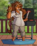 4:5 5_fingers anthro backyard beer_bottle between_the_lions bottle bottomwear brown_hair clothed clothed_anthro clothed_male clothing container eyewear fangs felid fingers food fur glasses grill hair hi_res humanoid_hands kiddie_pool lion male mammal mature_anthro mature_male meat pantherine pants partially_submerged pbs sausage shirt sketchybug solo standing_in_water tail tan_body tan_fur teeth theo_(between_the_lions) tongs tools topwear water wearing_glasses