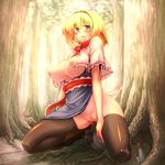  alice_margatroid blonde_hair blonde_pubic_hair blue_eyes blush boots breasts breasts_outside forest kneeling large_breasts mushroom nature nipples no_bra no_panties open_clothes open_shirt pubic_hair pussy_juice shirt solo thighhighs touhou tree tro uncensored 