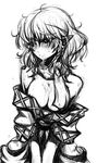  bad_id bad_pixiv_id bare_shoulders blush breasts cum cum_in_mouth cum_on_body cum_on_breasts cum_on_upper_body cumdrip greyscale highres ichi_(ichikai) large_breasts looking_away mizuhashi_parsee monochrome pointy_ears scarf solo tears touhou 