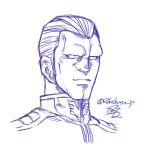  1boy evil_smile gihren_zabi gundam military_uniform mobile_suit_gundam monochrome portrait rakshasa_(artist) signature simple_background smile solo twitter_username white_background zeon 