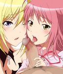  2girls amulet_angel bad_id bad_pixiv_id blonde_hair blush censored fellatio hentai_(1985) hetero hinamori_amu hoshina_utau licking_penis long_hair lunatic_charm magical_girl multiple_fellatio multiple_girls oral penis pink_hair shugo_chara! tears tongue 