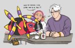  1boy 1girl alternate_costume alternate_hairstyle ariados blonde_hair bow bowtie bug cardigan casual closed_mouth clothed_pokemon coffee coffee_bag coffee_mug coffee_pot cup dark-skinned_female dark_skin elbows_on_table english_text eyeshadow gold gold_wristwatch guzma_(pokemon) hair_rings highres makeup mug multicolored_hair on_table open_mouth own_hands_together pink_hair plumeria_(pokemon) pokemon pokemon_sm pouring purple_eyeshadow purple_sweater quad_hair_rings red_bow red_bowtie riodrawsstuff short_hair speech_bubble spider sugar_bowl sweater table two-tone_hair watch white_cardigan white_hair wristwatch yellow_eyes 
