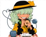 1girl baumkuchen black_hat bow commentary_request cup food frilled_sleeves frills green_hair grin hair_over_eyes hat hat_bow heart heart_of_string komeiji_koishi long_hair long_sleeves mug onikobe_rin plate shirt simple_background smile solo third_eye touhou upper_body white_background yellow_bow yellow_shirt you&#039;re_doing_it_wrong 