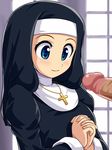  bad_id bad_pixiv_id blue_eyes blush censored habit hands_clasped konpeto nun original own_hands_together penis penis_awe smile solo_focus 