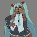 1:1 2025 4_fingers advos animatronic blue_eyes blue_hair bottomwear brown_body clothed clothing digital_media_(artwork) fingers five_nights_at_freddy&#039;s freddy_(fnaf) front_view hair hand_on_hip hand_on_own_hip hatsune_miku legwear long_hair looking_at_viewer machine necktie robot scottgames shirt simple_background skirt standing teeth thigh_highs topwear vocaloid