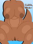 3:4 anthro areola belly big_breasts breasts brown_body crossgender crouching dialogue female female_anthro genitals glistening glistening_body glistening_breasts glistening_thighs hi_res kangaroo kangaroo_(leopardsun) leopardsun macropod mammal marsupial nipples nude nude_anthro nude_female pouch_(anatomy) solo tail thick_thighs vulva
