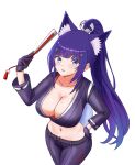  1girl animal_ear_fluff animal_ears aqua_eyes black_jumpsuit blue_hair blush breast_zipper breasts cleavage collarbone cosplay cropped_jacket fatal_fury fatal_fury:_city_of_the_wolves folded_fan folding_fan hair_ornament hairclip hand_fan high_ponytail holding holding_fan jumpsuit large_breasts leather leather_pants long_hair mole mole_on_breast motoyui multicolored_hair navel nyaruko839 pants parted_lips ponytail shiranui_mai shiranui_mai_(cosplay) solo streaked_hair tail virtual_youtuber white_background wolf_ears wolf_girl wolf_tail yoshibana_kokoro 