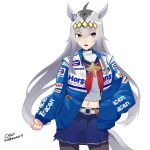  1girl absurdres alternate_costume animal_ears blue_jacket blue_skirt blush clenched_hand cropped_shirt formula_one grey_hair hair_between_eyes hand_in_pocket highres holeecrab horse_ears horse_girl horse_tail jacket long_sleeves looking_to_the_side navel neckerchief oguri_cap_(umamusume) open_mouth red_neckerchief shirt skirt solo stomach tail turtleneck turtleneck_shirt umamusume white_shirt 