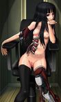  android armchair bad_id bad_pixiv_id black_eyes black_hair breasts chair chin_rest face hands highres medium_breasts nipples nude original parts_exposed pussy robot_joints sitting solo sukabu thighhighs 