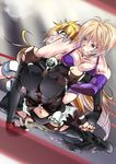  arched_back asphyxiation blonde_hair boots breasts choke_hold cleavage covered_nipples elbow_gloves fingerless_gloves gloves kamui_raira kupala leotard mask medium_breasts multiple_girls nastassja_han navel pee peeing rolling_eyes ryona saliva smile strangling thigh_boots thighhighs torn_clothes wrestle_angels wrestling 