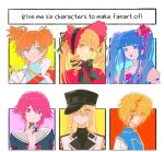  1boy 5girls absurdres black_bow black_bowtie black_hat blonde_hair blood blood_in_hair blood_on_face blue_eyes blue_hair bonnet bow bowtie candy candy_bar chaos;child crossover daiba_nana dress eating english_text expressionless flower food furudo_erika green_eyes hair_flaps hair_flower hair_ornament hat hentai_prison highres holding holding_food hunter_x_hunter kepi kurapika lapels light_smile long_hair looking_at_viewer military_hat multiple_crossover multiple_drawing_challenge multiple_girls onoe_serika orange_hair parted_lips pink_dress pink_eyes pink_hair purple_eyes red_dress red_eyes red_flower ringlets rozen_maiden school_uniform science_adventure shaded_face shinku short_hair short_twintails shoujo_kageki_revue_starlight side_cape sideways_hat six_fanarts_challenge sofia_shikolenko sparkle tuzaixia twintails umineko_no_naku_koro_ni 