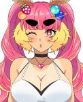  +_+ 1girl ;o arms_at_sides bare_arms bare_shoulders black_choker blonde_hair blunt_bangs bra breasts choker cleavage collarbone colored_sidelocks food-themed_hair_ornament hair_ornament heart heart_necklace highres hitotose_0814 ichigo_lemonade indie_virtual_youtuber jewelry large_breasts light_blush lipgloss long_hair mismatched_eyebrows moth_antennae multicolored_hair necklace one_eye_closed orange_hair_ornament parted_lips pink_eyes pink_hair planet_hair_ornament portrait simple_background solo straight-on strawberry_hair_ornament streaked_hair tan tanlines teeth thick_eyebrows twintails underwear upper_teeth_only very_long_hair wavy_hair white_background white_bra 