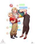  1boy 1girl android_18 angry apple_inc. artist_name bald bent_over blush cellphone commentary couple dragon_ball english_commentary flustered hand_on_own_hip highres iphone jacket jups_the_artist kuririn leaning_forward no_symbol pants phone red_shirt red_shoes shirt shoes short_male signature sleeveless smartphone speech_bubble tall_female text_messaging tight_clothes tight_pants yellow_shirt yoga_pants 