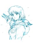  1girl animal breasts earrings from_side jewelry kaze_no_tani_no_nausicaa monochrome nausicaa pet rakshasa_(artist) short_hair simple_background smile teardrop_earrings teto_(nausicaa) upper_body white_background wind 