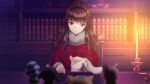 1girl black_hairband blunt_bangs book bow brown_eyes brown_hair capelet dress_bow expressionless flat_chest fur-trimmed_capelet fur_trim game_cg hairband highres kurenaino_aria library long_hair occultic;nine official_art pako patting petite red_capelet science_adventure solo stuffed_animal stuffed_toy 