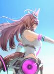  1girl ahoge animal_ears armpits bare_shoulders blank_stare blue_eyes blue_sky breasts brown_hair closed_mouth commentary covered_navel cowboy_shot ear_ornament from_side grey_hairband hair_between_eyes hairband highres horse_ears horse_girl horse_tail horseshoe_ornament impossible_clothes impossible_leotard large_breasts leotard long_hair lowleg lowleg_skirt mecha_musume medium_breasts mihono_bourbon_(umamusume) miniskirt necktie orusun serious simple_background skirt sky solo tail umamusume 