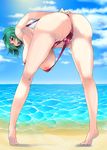  areolae ass bad_id bad_pixiv_id beach bent_over blush breasts cloud day from_behind green_hair hanging_breasts huge_breasts kazami_yuuka kneepits legs looking_back ocean open_mouth outdoors pussy_juice red_eyes short_hair sky slingshot_swimsuit solo swimsuit tiptoes toono_yayoi touhou water 