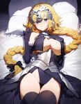  1girl absurdres armor arms_behind_back black_thighhighs blue_eyes braid braided_ponytail breast_curtains breasts fate/apocrypha fate/grand_order fate_(series) faulds headpiece highres jeanne_d'arc_(fate) jeanne_d'arc_(ruler)_(fate) large_breasts long_hair lying melreon on_back parted_lips solo thighhighs very_long_hair 