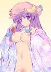  bad_id bad_pixiv_id breasts crescent hat long_hair medium_breasts nipples open_clothes open_robe patchouli_knowledge plus9 purple_eyes purple_hair pussy robe solo touhou 