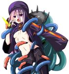  bridal_gauntlets flat_chest fumihiro hood monster navel open_clothes open_mouth panties panties_under_pantyhose pantyhose purple_eyes purple_hair sekaiju_no_meikyuu sekaiju_no_meikyuu_3 solo tentacles thighband_pantyhose underwear zodiac_(sekaiju) 