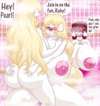  big_breasts blush breasts butt canid canine canis chooy64 domestic_dog group huge_breasts luigi64 mammal poodle shower 