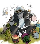  black_eyeshadow black_jacket black_pants caterpie caterpillar closed_eyes conductor conductor_baton cutiefly eyeshadow eyewear_on_head grass grubbin guzma_(pokemon) hands_up highres holding_baton hood hooded_jacket indian_style jacket joltik kricketot makeup male_focus musical_note on_grass on_shoulder pants pokemon pokemon_(creature) pokemon_on_shoulder pokemon_sm riodrawsstuff sewaddle shirt short_hair short_sleeves sitting smile sunglasses surskit team_skull undercut v-shaped_eyebrows venipede watch weedle white_hair white_shirt wristwatch yellow-framed_eyewear 