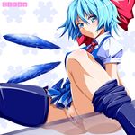  against_glass ass bad_id bad_pixiv_id blue_eyes blue_hair blush bow breasts character_name cirno hachimitsu_candy hair_bow hair_ribbon large_bow looking_at_viewer medium_breasts no_panties open_mouth panties parted_lips pussy pussy_juice ribbon short_hair sitting skindentation solo spread_legs striped striped_panties tears thighhighs touhou uncensored underwear upskirt wings 