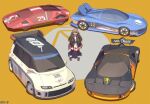  1girl baronilu brown_hair car commentary copyright_logo cosplay english_commentary green_eyes hands_in_pockets long_hair motor_vehicle nagase_reiko nagase_reiko_(cosplay) r4:_ridge_racer_type_4 race_vehicle racecar ridge_racer solo 