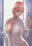  1girl bangs blue_eyes breasts cleavage collared_shirt commentary_request dress_shirt earrings glass_door go-toubun_no_hanayome gomashiwo_o hair_between_eyes highres jewelry large_breasts looking_at_viewer nakano_ichika open_clothes open_hand open_shirt see-through shirt short_hair showering smile tile_wall tiles unbuttoned unbuttoned_shirt white_shirt window 