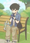  1boy antenna_hair bag bag_charm bench black_eyes black_hair blue_jacket blue_shoes blurry blurry_background brown_pants character_bag character_charm character_sticker charm_(object) closed_mouth collarbone day double-parted_bangs game_boy_advance_sp grass handheld_game_console hector_(omori) highres holding holding_handheld_game_console jacket male_focus mewowem_omo omori outdoors pants plastic_bag shirt shoes short-sleeved_jacket short_hair short_sleeves sitting sneakers solo something_(omori) sunny_(birthday)_(omori) sunny_(omori) tree watch white_shirt wristwatch 