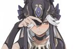  1boy black_choker black_hat blush choker closed_mouth cyno_(genshin_impact) dark-skinned_male dark_skin genshin_impact hair_between_eyes hair_over_one_eye hand_on_headwear hat kaawaisann long_hair male_focus portrait red_eyes simple_background solo upper_body white_background white_hair 