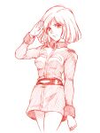 1girl belt breasts gundam military_uniform mobile_suit_gundam monochrome rakshasa_(artist) salute sayla_mass short_hair simple_background skirt smile upper_body white_background 
