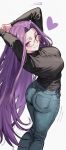  1girl absurdres arms_up black_shirt breasts casual commentary denim fate/stay_night fate_(series) feet_out_of_frame from_behind glasses heart highres jeans kamisato_sora large_breasts long_hair long_sleeves looking_at_viewer looking_back medusa_(fate) medusa_(rider)_(fate) official_alternate_costume pants purple_eyes purple_hair shirt simple_background smile solo standing turtleneck turtleneck_shirt very_long_hair white_background 