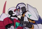  2boys alternate_species armor blue_armor blush claws cybertronian getter_robo helmet highres jin_hayato kiss male_focus mechanical_wings mechanization multicolored_armor multiple_boys nagare_ryoma new_getter_robo red_armor sinita surprised transformers upper_body white_armor white_helmet wings yaoi yellow_eyes 