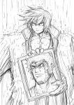  coat coat_on_shoulders father_and_son frown getter_robo getter_robo_(classic) greyscale highres holding_portrait monochrome muscular muscular_male nagare_ichigan nagare_ryoma photo_(object) picture_frame portrait_(object) rain short_hair sketch spiked_hair v-shaped_eyebrows yagi1227 