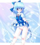  blue_eyes blue_hair blush body_blush bow cirno embarrassed hair_bow ice pussy sesield short_hair solo touhou uncensored wavy_mouth wings 