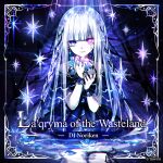  1girl album_cover album_name arcaea black_dress black_nails black_ribbon black_streaks black_wrist_cuffs blue_eyes blue_flower blunt_bangs character_request commentary_request copyright_notice cover dress flower flower_on_liquid grey_hair hair_ribbon heterochromia holding holding_flower jewelry kazunehaka long_hair looking_at_viewer multicolored_hair multiple_rings off-shoulder_dress off_shoulder official_art parted_lips pink_eyes ribbon ring solo star-shaped_pupils star_(symbol) streaked_hair symbol-shaped_pupils very_long_hair wading water wrist_cuffs 