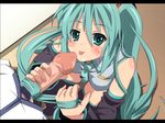  1girl aqua_eyes aqua_hair blush censored detached_sleeves fellatio hairjob hatsune_miku hetero kaito long_hair mosaic_censoring necktie oral penis shin'ya_(nanp) thighhighs tongue twintails very_long_hair vocaloid 