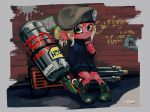  1girl beret blue_coat boots brick_wall closed_mouth coat cross-laced_footwear frown full_body graffiti green_eyes green_footwear green_hair green_hat hand_up hat highres hydra_splatling_(splatoon) lace-up_boots light_green_hair long_sleeves looking_at_viewer octarian octoling paint_splatter pigeon-toed ponytail signature sitting solo splatoon splatoon_(series) splatoon_2 tarai_(silica5) tentacle_hair 