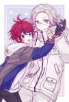  2boys ahoge aotsuki_eito black_gloves black_hair black_pants blue_eyes blush chinese_commentary closed_mouth commentary_request cuffs flying_sweatdrops glasses glint gloves grey_hair grey_jacket handcuffs highres hood hood_down hoodie jacket jacket_over_hoodie light_particles long_sleeves male_focus multicolored_hair multiple_boys open_clothes open_jacket open_mouth pants red_hair semi-rimless_eyewear shared_handcuffs short_hair streaked_hair sumino_takumi sweat the_hundred_line_-last_defense_academy- two-tone_hair v-shaped_eyebrows white_hoodie white_jacket white_pants yaoi yellowboom 