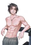  1boy abs bare_pectorals bare_shoulders bishounen black_eyes black_hair commentary_request highres jewelry looking_at_viewer male_focus muscular naruto naruto_(series) navel necklace nipples no_shirt pants pectorals short_hair simple_background smile solo sweat sweatpants toned toned_male topless_male uchiha_sasuke zhenmo192 