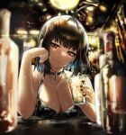  1girl absurdres ahoge alcohol black_hair black_nails blue_hair blush bottle breasts brown_eyes choker cleavage collarbone colored_inner_hair cross cross_choker cross_earrings cup dress drunk earrings glass hand_on_own_face hand_on_table highres holding holding_cup ice irene_(kanniiepan) jewelry kanniiepan looking_to_the_side medium_breasts medium_hair mole mole_on_breast multicolored_hair original smile solo two-tone_hair 
