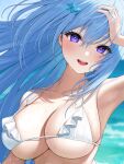  1girl bikini blue_hair blue_sky breasts cleavage hair_ornament highres kagachi_saku large_breasts long_hair looking_at_viewer ocean open_mouth original outdoors purple_eyes skindentation sky solo swimsuit upper_body wet white_bikini 