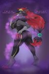  2:3 anthro armwear black_body breasts butt clothed clothing english_text female generation_5_pokemon hair hat headgear headwear hi_res looking_at_viewer neck_tuft nintendo pokemon pokemon_(species) red_hair side_view skwrlwrld solo text tuft video_games zoroark 