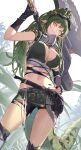 1girl arknights arm_up axe belt_pouch breasts brown_hair cleavage crocodilian_tail cropped_legs dreadlocks gas_mask gavial_(arknights) gavial_the_invincible_(arknights) gloves goggles goggles_on_head green_hair hand_on_hip highres holding holding_weapon mask mask_around_neck midriff nian_(zhanian) official_alternate_costume orange_eyes pointy_ears ponytail pouch respirator short_shorts shorts tail torn_clothes torn_gloves torn_shorts weapon 