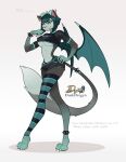  anthro bat_wings blue_hair breasts chimera clothed clothing dominant dominant_female duskdragyn female fur goth hair horn legwear membrane_(anatomy) membranous_wings pose pupils scales skimpy slit_pupils solo spikes stockings taller_female under_boob wings wolf_tail 