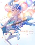  1girl ;) balloon bangs blue_background blue_eyes blue_hair blue_necktie boots breasts closed_mouth collared_shirt commentary_request dated detached_sleeves electric_guitar feet_out_of_frame gradient gradient_background guitar happy_birthday hatsune_miku headphones headset highres holding holding_instrument instrument long_sleeves necktie one_eye_closed pleated_skirt shiromi shirt skirt sleeveless sleeveless_shirt small_breasts smile solo thigh_boots tie_clip twintails vocaloid white_background white_footwear white_shirt white_skirt white_sleeves wide_sleeves 